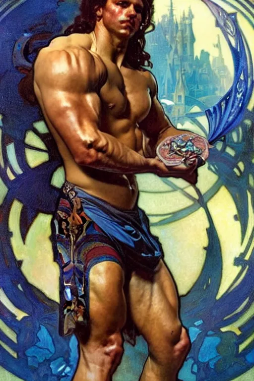 Image similar to a muscular man holding blue diamonds, fantasy, painting by greg rutkowski and alphonse mucha