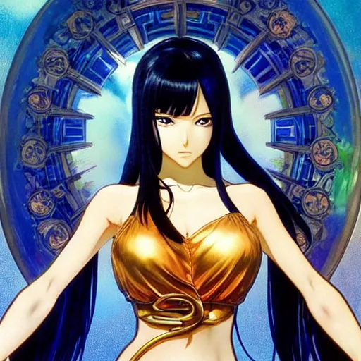 Image similar to highly detailed vfx portrait of nico robin by eiichiro oda!, makoto shinkai, alphonse mucha, sharp focus, art by artgerm and greg rutkowski!, backlit, harsh overhead sunlight, blue eyes!!, large aquiline nose!!, stanley kybric, kaoru mori, intricately detailed, best of behance,