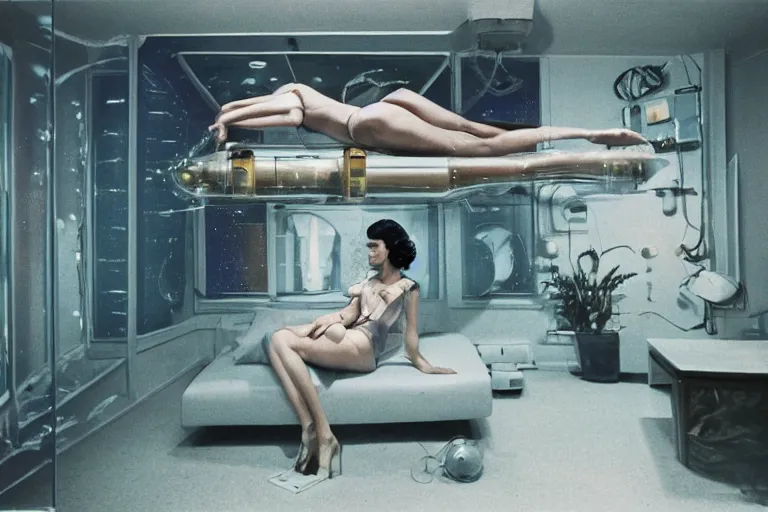 Prompt: high-angle view of a Italian vivacious female shrimp human hybrids wearing vacuum tube amp discowear with transparent digital number readout floating in front of face, sitting inside of a flooded 1970s luxury bungalow cabin with infinity mirror table, submersible vessel seamlessly clipping through wall, suspended soviet computer console on ceiling, ektachrome color photograph, volumetric lighting, off-camera flash, 24mm f8 aperture