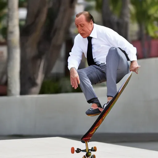 Prompt: High resolution!! Silvio Berlusconi doing skateboard tricks, hyperrealistic, 8K, Cinematic