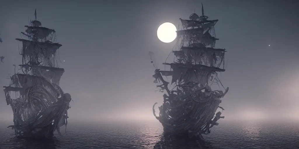 Prompt: ethereal ghost pirate ship at open sea at night, full moon behind it, 3 d art, octane render, 6 k, unreal engine, horror movie