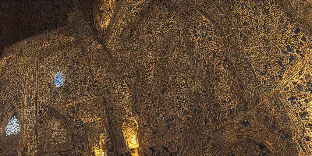 Image similar to an iwan with intricate muqarnas made of glowing obsidian and white marble, beautiful, volumetric lighting, cinematic lighting, golden hour