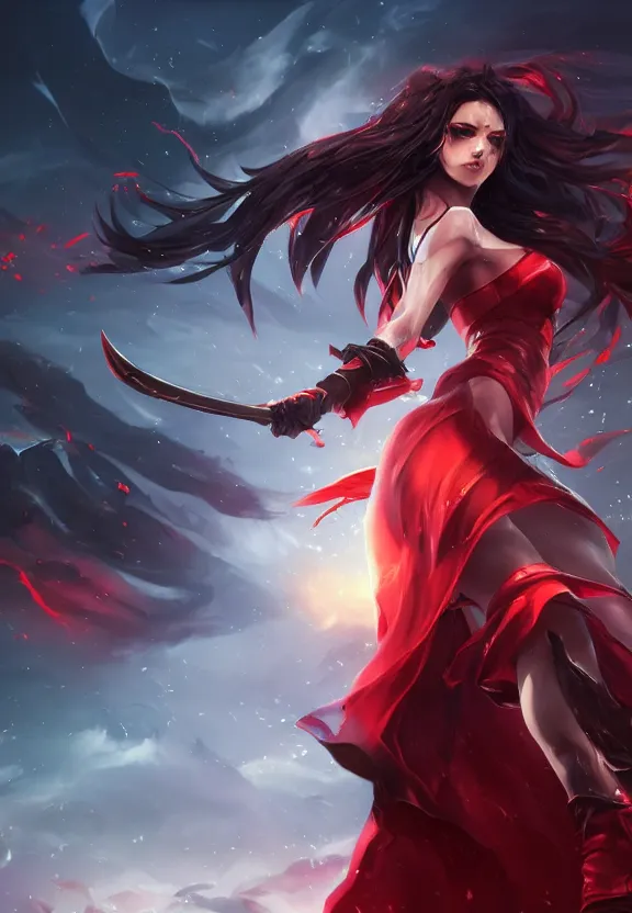 Image similar to a beautiful fierce long black haired woman wearing red dress wielding black sword posing heroically, heavenly moonlit clouds background, close up shot, league of legends style, splash art, highly detailed, vray, artstation, extremely detailed woman, stunning volumetric lighting, hyper realism, fantasy 4k