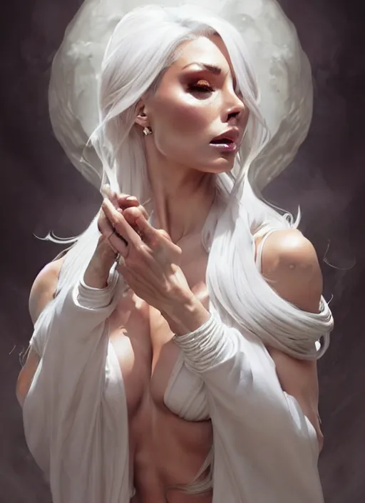 Image similar to portrait of aggressive isabelledeltore, d & d, white, fantasy, intricate, elegant, highly detailed, digital painting, artstation, concept art, smooth, sharp focus, illustration, art by artgerm and greg rutkowski and alphonse mucha