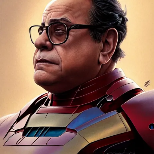 Image similar to handsome Danny DeVito in an Iron Man suit, western, D&D, fantasy, intricate, elegant, highly detailed, digital painting, artstation, concept art, matte, sharp focus, illustration, art by Artgerm and Greg Rutkowski and Alphonse Mucha