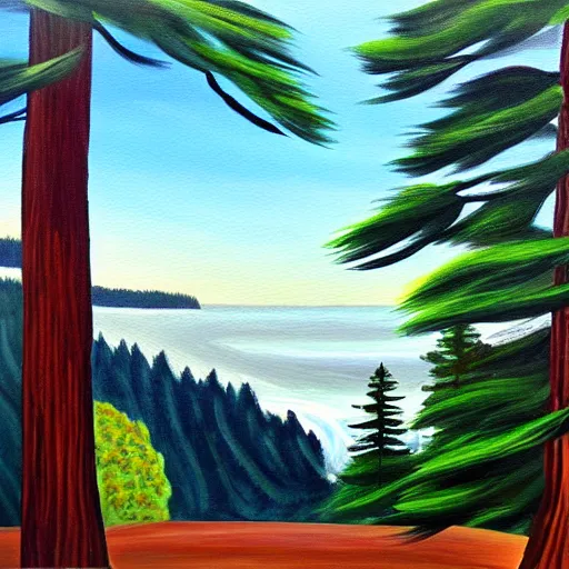 Prompt: painting of view from the top of tree of redwood forest, swaying trees, windy, waves, rippling trees