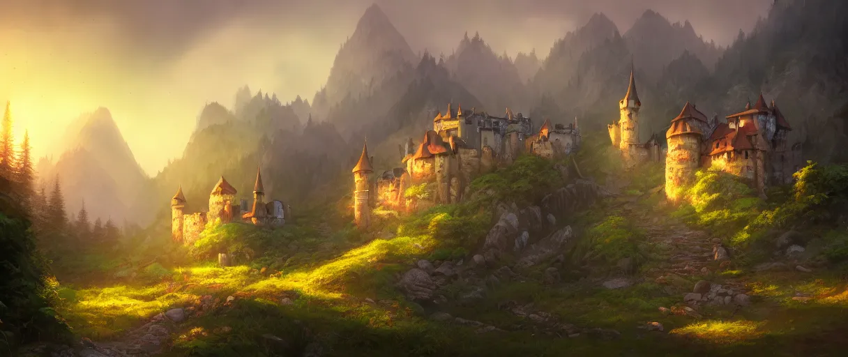 Prompt: digital painting of a detailed castle village, behind a forest, large mountains in back, concept art, low angle, high detail, warm lighting, volumetric, godrays, vivid, beautiful, trending on artstation, by Jordan grimmer, no focus, huge scene, grass, no bricks