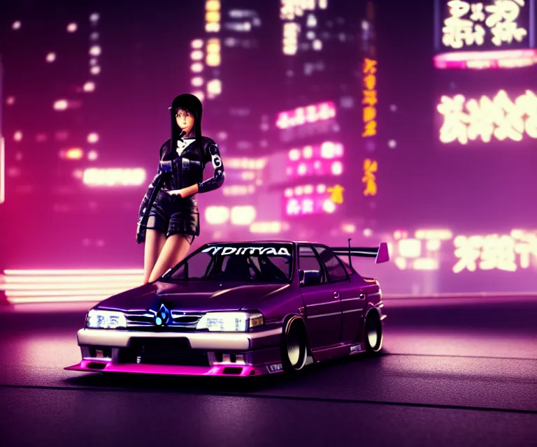 Image similar to toyota jzx 1 0 0 drift with cyberpunk girl standing, detailed - wheels, shibuya prefecture, cinematic lighting, photorealistic, night photography, octane render