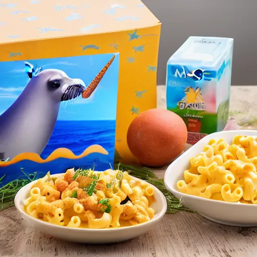 Image similar to A group photo of a seal, a unicorn, and a box of mac and cheese, ultra realistic, photography, 4k, hd, hq