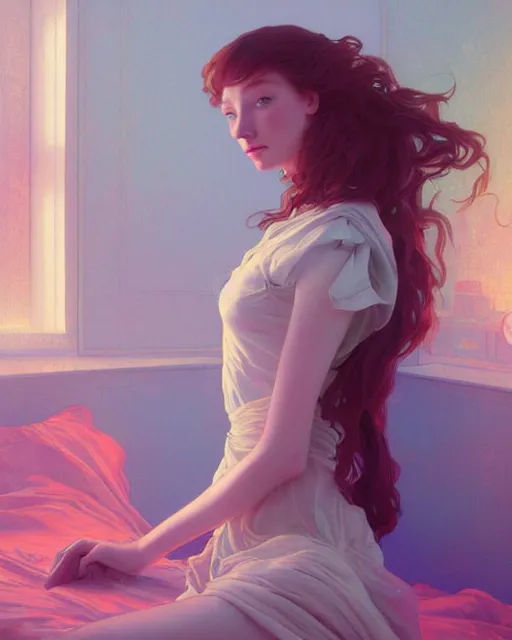 Image similar to eleanor tomlinson, posing, vaporwave, bedroom, highly detailed, digital painting, artstation, concept art, smooth, sharp focus, illustration, art by artgerm and greg rutkowski and alphonse mucha