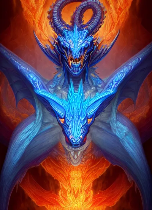 Image similar to muscular and tall blue ghostly fire humanoid dragon!!!! draconian!! intricate ornate iridescent exoesqueleton!! character concept art, sharp focus, octane render! unreal engine 5! highly rendered!! trending on artstation!! detailed linework!! illustration by artgerm, wlop, and chie yoshii