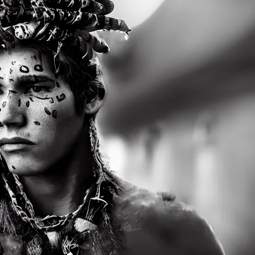 Image similar to portrait of a young jaguar warrior, street pic, depth of field, zeiss lens, detailed, symmetrical, centered, fashion photoshoot, b & w, by annie leibovitz and frank miller, jim jarmusch, moebius, breathtaking, 8 k resolution, extremely detailed, beautiful, establishing shot, artistic, hyperrealistic, beautiful face, octane render