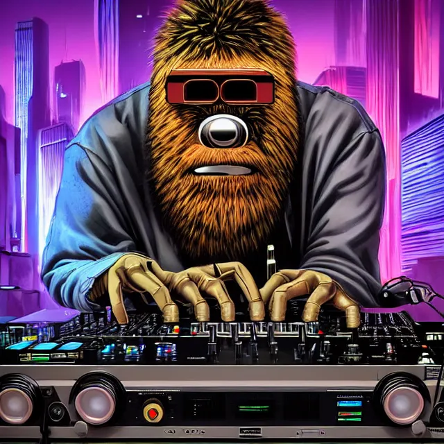 Image similar to a portrait of an anthropomorphic cyberpunk bigfoot dj at the turntables, detailed render, tape deck, boombox, headphones, epic composition, cybernetics, 4 k realistic, cryengine, realistic shaded lighting, sharp focus, masterpiece, by matteo scalera, gary montalbano, peter elson in the style of the tokyo ghost comic