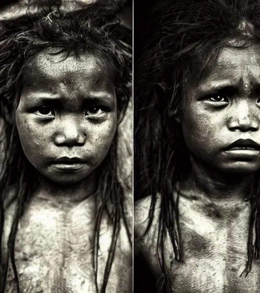 Image similar to Award winning reportage photo of Palau Natives with incredible hair and beautiful hyper-detailed eyes wearing traditional garb by Lee Jeffries, 85mm ND 5, perfect lighting, gelatin silver process