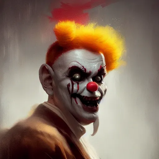Prompt: portrait of an angry clown by Greg Rutkowski, trending on Artstation, octane render, dark, moody, foggy