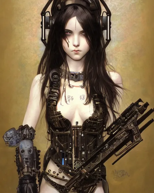 Image similar to portrait of cute beautiful young gothic maiden, cyberpunk, Warhammer, highly detailed, artstation, illustration, art by Gustav Klimt and Range Murata