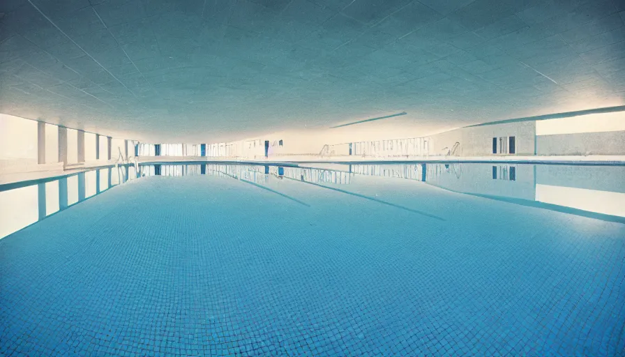 Prompt: 1 9 6 0 s movie still of empty blue tiles swimmingpool, cinestill 8 0 0 t 3 5 mm, high quality, heavy grain, high detail, panoramic, ultra wide lens, cinematic composition, dramatic light, flares, anamorphic