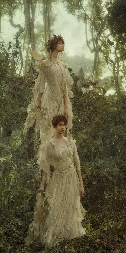 Image similar to dress made of leaves, masterpiece by Edgar Maxence and Ross Tran and Michael Whelan, gustav dore, carravaggion, realistic fantasy, establishing shot, 8k, octane render, moonbeams