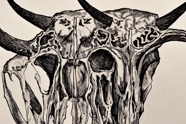 Image similar to Texas Longhorn Skull, skull bone carved with patterns, tritone, mixed media, fine linework, pen and ink, symmetry