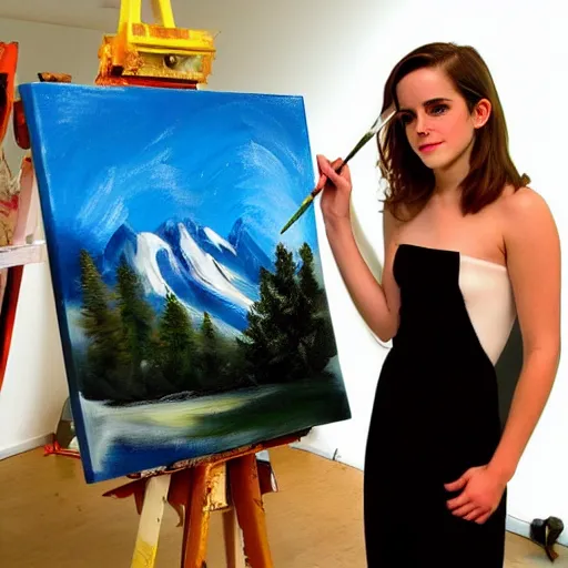 Image similar to emma watson painting bob ross