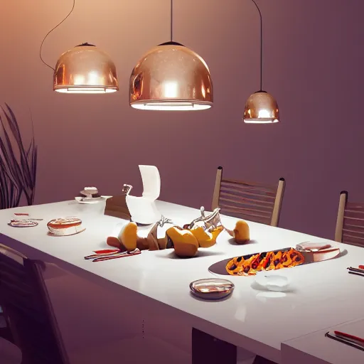 Image similar to three large white glossy kuka industrial robot having a dinner party inside a fancy dining room around a dinner table full of food with retro modern furniture and decor, global illumination, artstation, fantasy, volumetric light