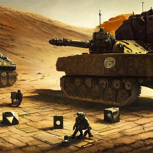 Image similar to Tanks playing chess on the moon oil painting by Greg Rutkowski