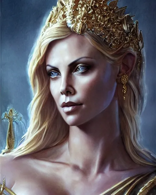 Image similar to tattoo sketch of charlize theron as aphrodite the greek goddess wearing a gold laurel wreath and triangle earrings, beautiful piercing gaze with sharp pupils, in the style of greg rutkowski, fantasy, amazing detail, epic, elegant, smooth, sharp focus, front view