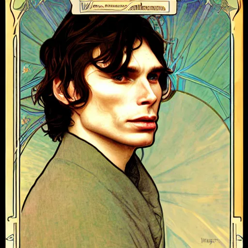 Prompt: cillian murphy portrait by louis - theophile hingre and alphonse mucha, realistic, sharp focus, zodiac signs, tarot cards, planets, ethereal, art nouveau, magic, moon, sun, crown, dreamy, royal, jewellery