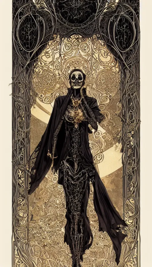 Image similar to a skeleton in a black cloak, highly detailed, very intricate, art nouveau, gold filigree, left right symmetry, tarot concept art watercolor illustration by mandy jurgens and alphonse mucha and alena aenami, featured on artstation