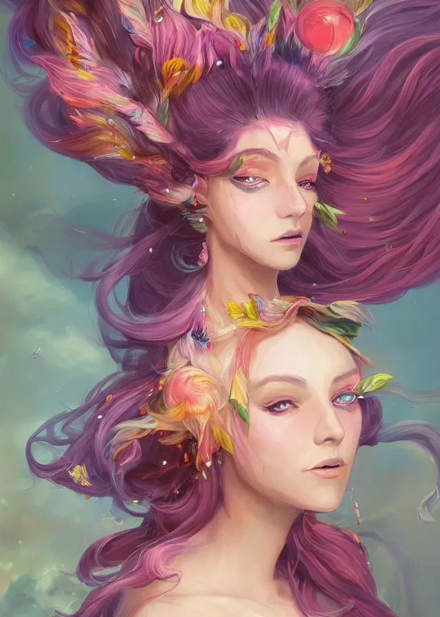 Prompt: a colorful and provenance illustrations painting of the fantasy female who with floral wing, highly detailed, her hair made of hair made of air wind and curling smoke, mist, dust, genie, spirit fantasy concept art, art by ketner and jeremiah, trending on artstation.