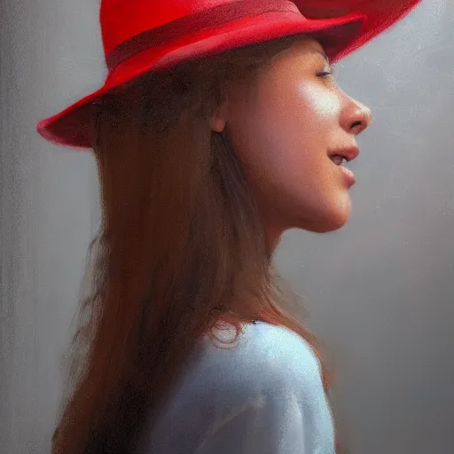 Prompt: a girl wearing a red fedora hat singing in a studio, sitting on a stool, extremely detailed digital painting, in the style of alyssa monks, rim light, beautiful lighting, 8 k, raytracing, octane, trending on artstation