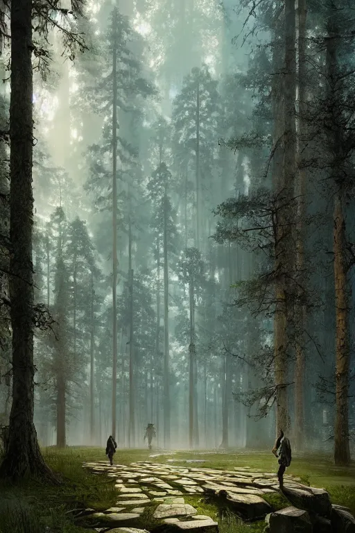 Prompt: A beautiful forest with a giant walking in the far distance by Greg Rutkowski, Sung Choi, Mitchell Mohrhauser, Maciej Kuciara, Johnson Ting, Maxim Verehin, Peter Konig, final fantasy , 8k photorealistic, cinematic lighting, HD, high details, atmospheric,