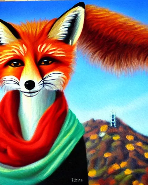 Prompt: oil painting portrait of anthropomorphic female fox animal dressed in sweater and scarf, fox animal, hollywood sign in background, location movie studio, oil painting,