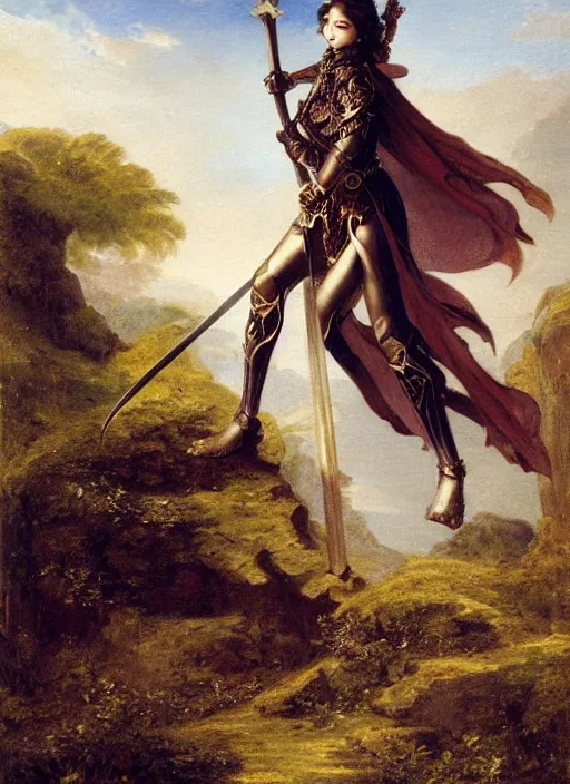 Image similar to woman in dark princess dragon armor, she is holding a katana sword, walking on the mystical ancient ruins. by william henry hunt