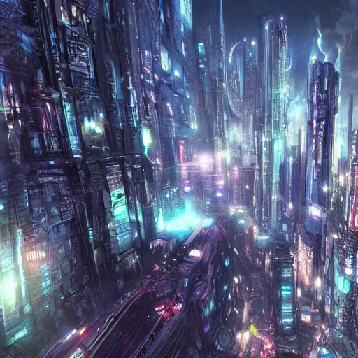 Image similar to Beautiful painting of sci-fi fututistic metropolis, Drone footage, by Yoshitaka Amano Trending on Artstation, nvidia, unreal engine