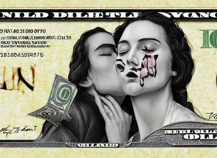 Image similar to reylo kissing, dollar bill