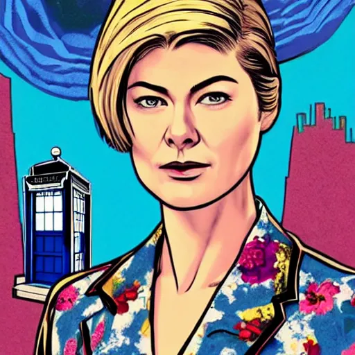 Image similar to rosamund pike as the doctor, dark - hair, wearing a colourful floral pattern suit, in the background is the tardis. bold complementary colours, 2 d matte, graphic novel, art by michael choi and ardian syaf,