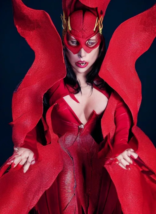 Prompt: photoshoot of lady gaga as the scarlet witch in wandavision , by nick knight, magazine, High resolution. Highly detailed. Dramatic. 8k.4k.