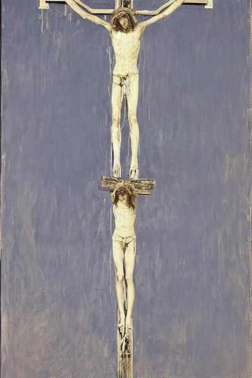 Image similar to a huge light beam illuminating jesus christ crucified painted by cy twombly and andy warhol