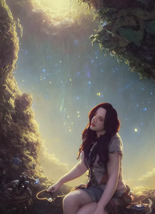 Image similar to Hyper realistic detailed portrait of Kat Dennings, Stephen Bliss, unreal engine, fantasy art by Greg Rutkowski, Loish, Rhads, ferdinand knab, Makoto Shinkai and Lois van baarle, ilya kuvshinov, rossdraws, Tom Bagshaw, alphonse mucha, global illumination, radiant light, detailed and intricate environment, highly detailed, award winning art