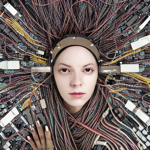 Image similar to tapping in to something greater, piles of modular synth cables, goddess laying down wearing a headpiece made of circuit boards, by cameron gray, wlop, stanley kubrick, masamune, hideki anno, unique perspective, trending on artstation, 3 d render, vivid