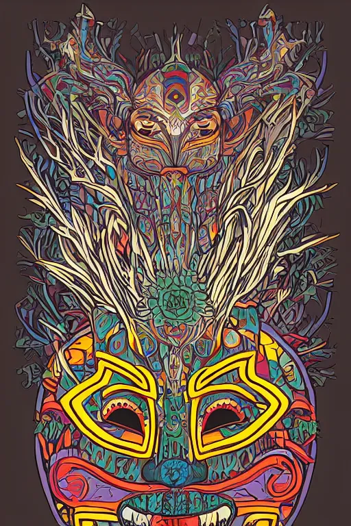 Image similar to animal mask totem roots flower tribal feather gemstone plant wood rock shaman vodoo video game vector cutout illustration vivid multicolor borderlands comics by josan gonzales and dan mumford radiating a glowing aura