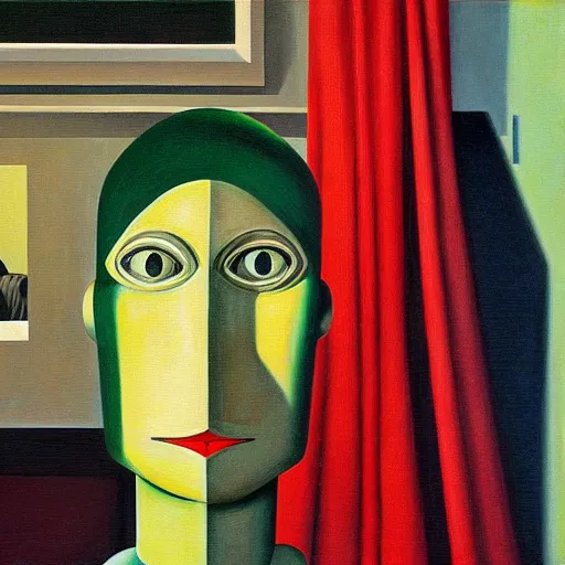 Image similar to super - intelligent robot with kind eyes portrait, lowbrow, pj crook, grant wood, edward hopper, oil on canvas