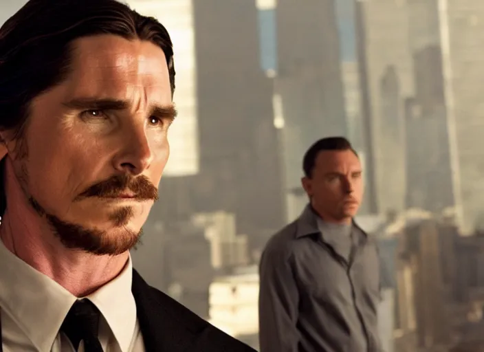 Image similar to film still of Christian Bale as Cobb with the world bending in the background in Inception, 4k