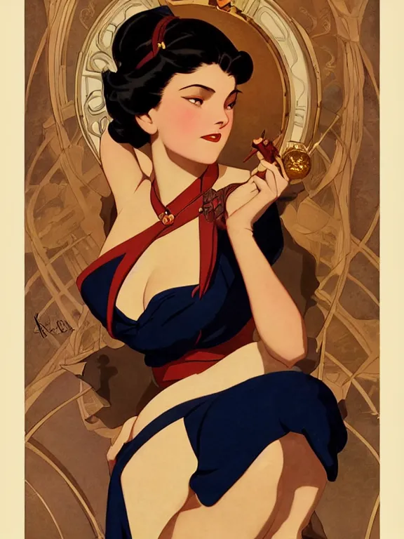 Image similar to korra, a beautiful art nouveau portrait by Gil elvgren, 1920s city environment, centered composition, defined features, golden ratio, gold jewlery, photorealistic professional lighting, cinematic