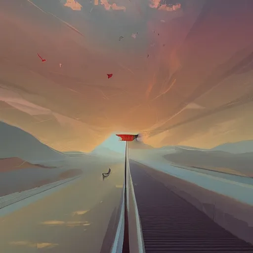 Image similar to beautiful digital art of a trail of clouds across the sky, beautiful, award - winning, digital art, yellow to red to blue sky, antview, perspective, by alena aenami, trending on artstation