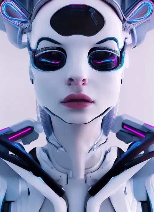 Prompt: white one cast futuristic biomechanics futuristic humanoid, pretty face, beautiful female, futuristic, neon lights, cyberpunk, 8 k, digital painting, by beeple and makoto shinkai, trending on cg society, glamour pose, high fashion, photorealistic, hyper realistic, environmental portrait, ambient occlusion render