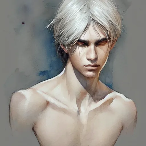 Prompt: teen boy, silver hair, shoulder - length hair, ethereal, elegant, intricate, delicate, sharp focus, highly detailed, artstation, watercolor, by artgerm and greg rutkowski