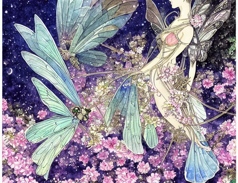 Image similar to faerie hawkmoth in the palace courtyard. this watercolor painting by the award - winning mangaka has a beautiful composition, great sense of depth and intricate details.