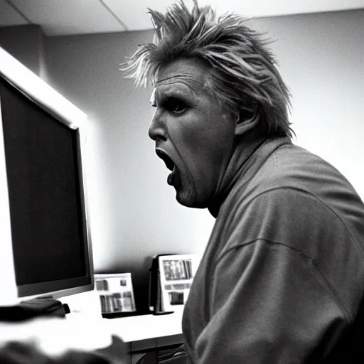 Image similar to gary busey screaming at a desktop computer in 1 9 9 9, ( sony a 7 r iv, symmetric balance, polarizing filter, photolab, lightroom, 4 k, dolby vision, photography awardm, voque, perfect face )